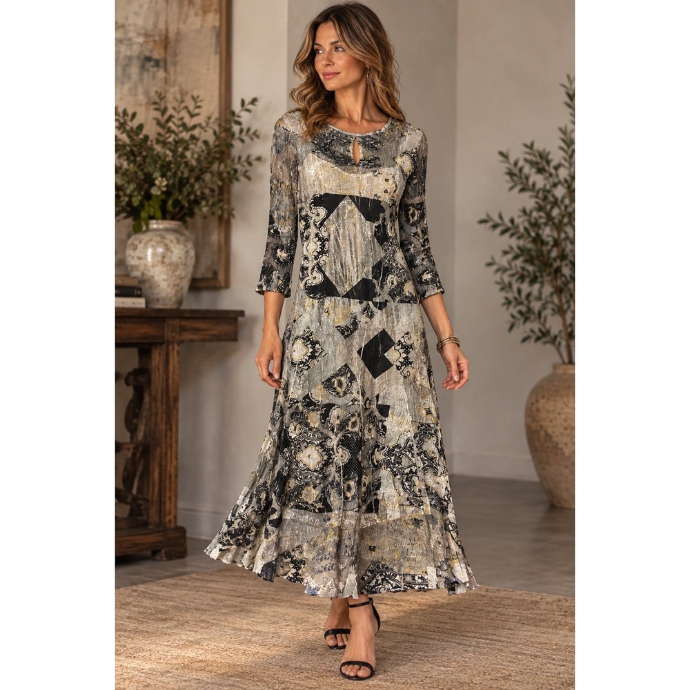 Komarov L Maxi Dress Crinkle Pleated Paisley Abstract Art To Wear Boho NWT